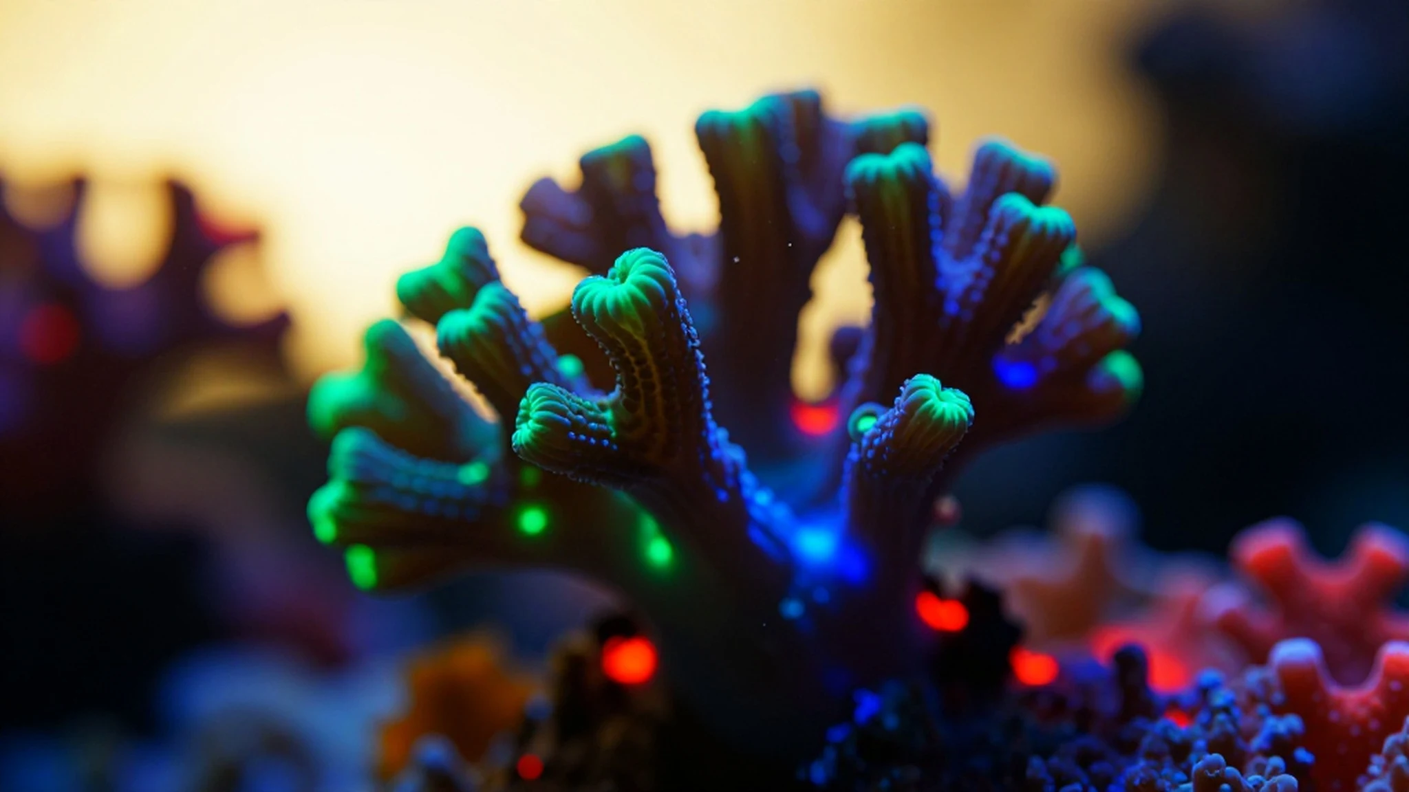Bioluminescent Coral, Golden Hour Warm Glow 4K — 4K abstract background
