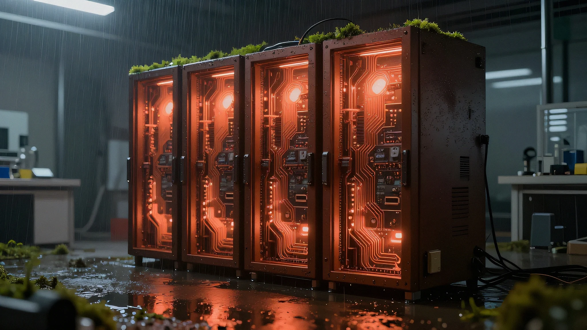 Ultramodern bioluminescent server rack 4K — 4K neon background