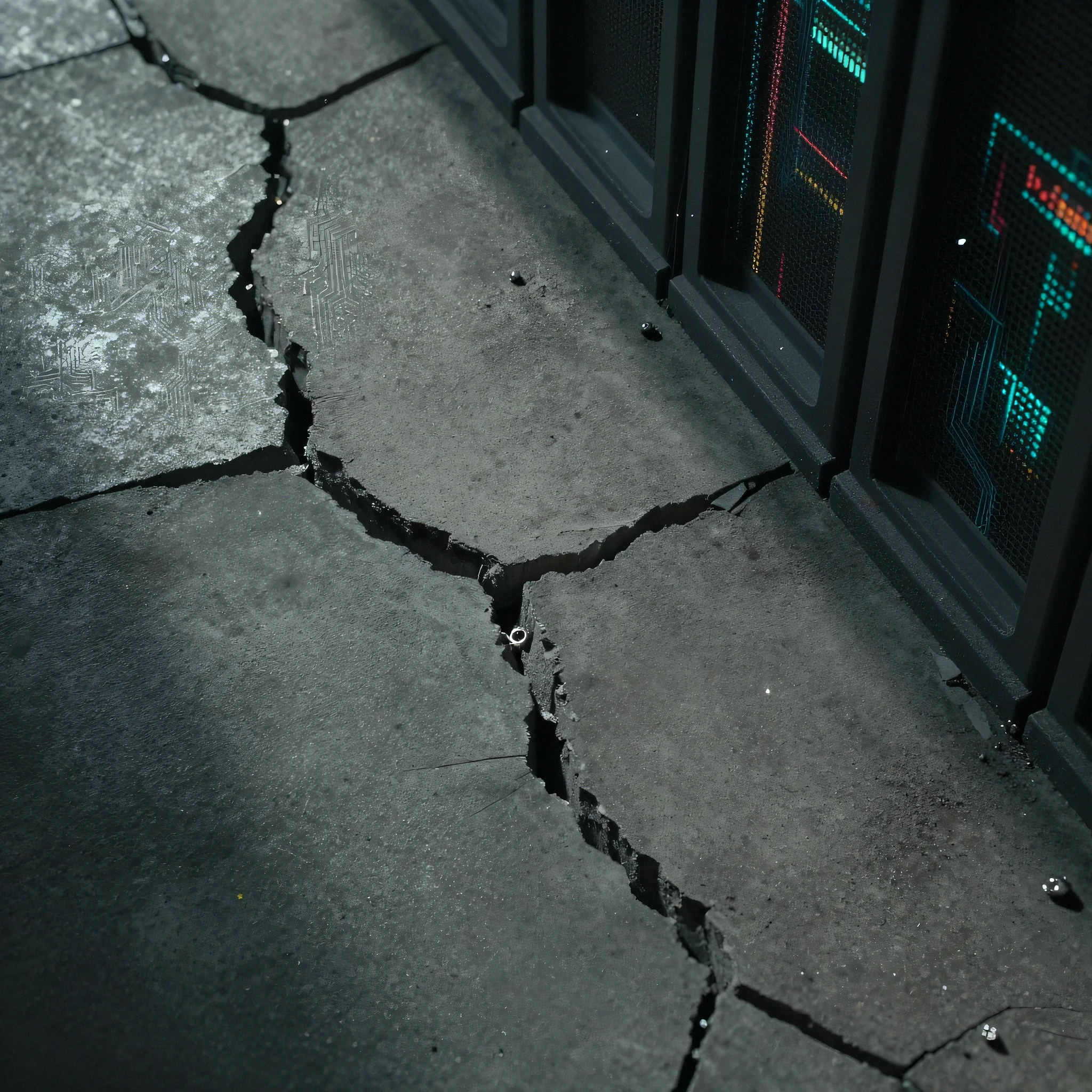 Hyperrealistic close-up of a fractured concrete paveme 4K — 4K neon background