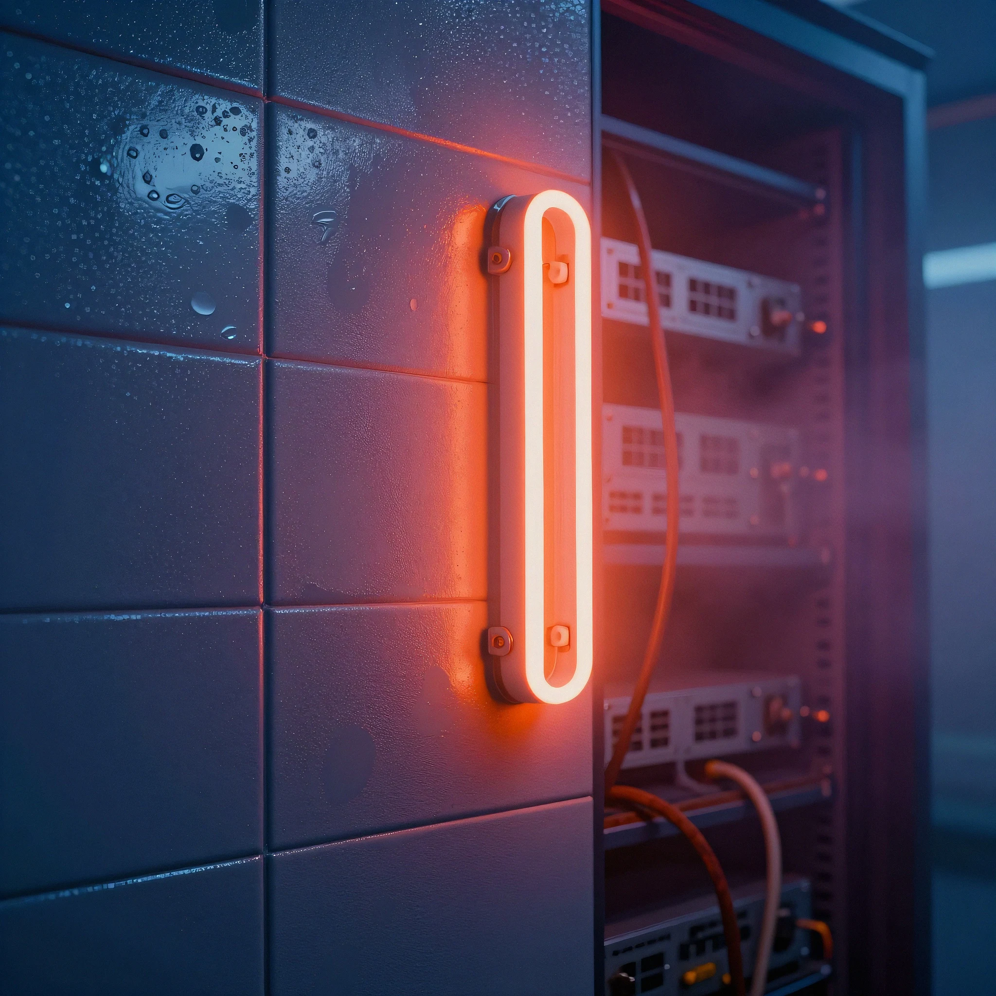 Rain-slicked chromesteel tile panel 4K — 4K neon background