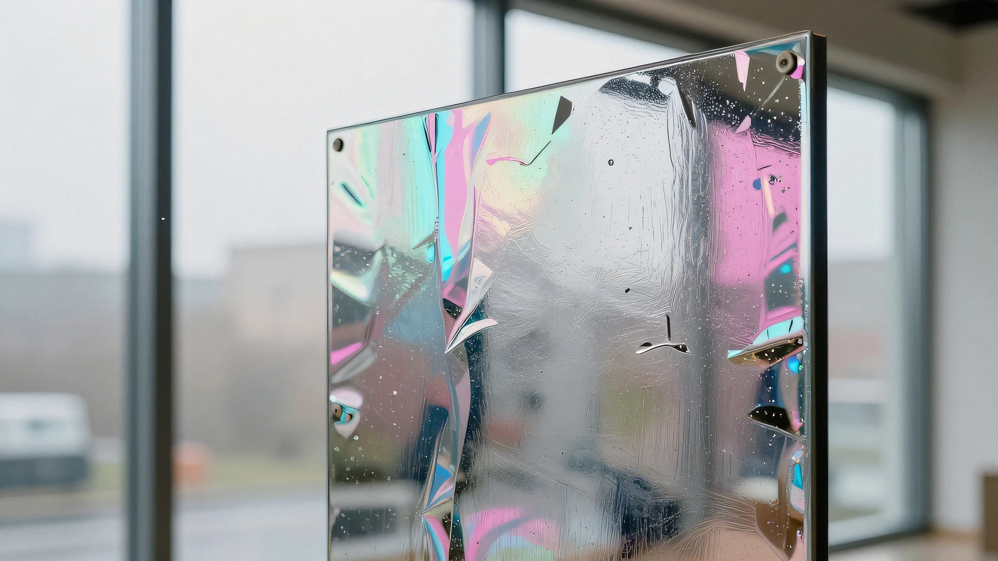 Iridescent oil-slicked chrome paneling 4K — 4K neon background