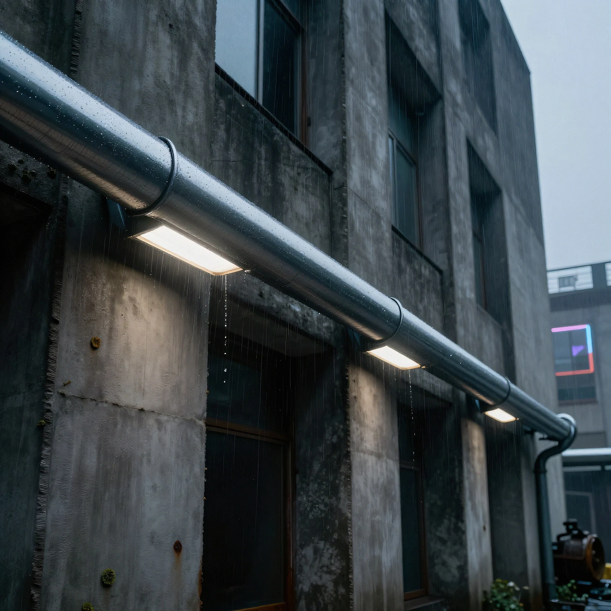 Polished chrome rain gutters, neon glow 4K — 4K neon background