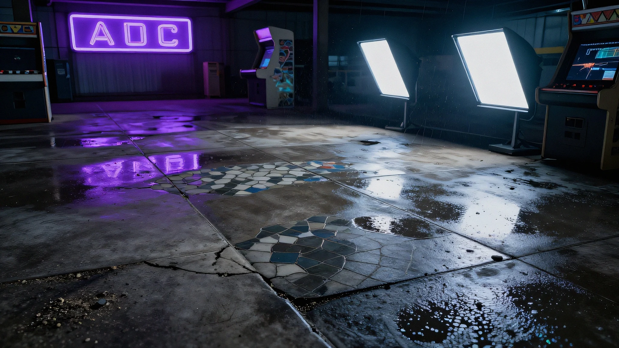 Rain-slicked ferroconcrete plaza, film noir 4K — 4K neon background