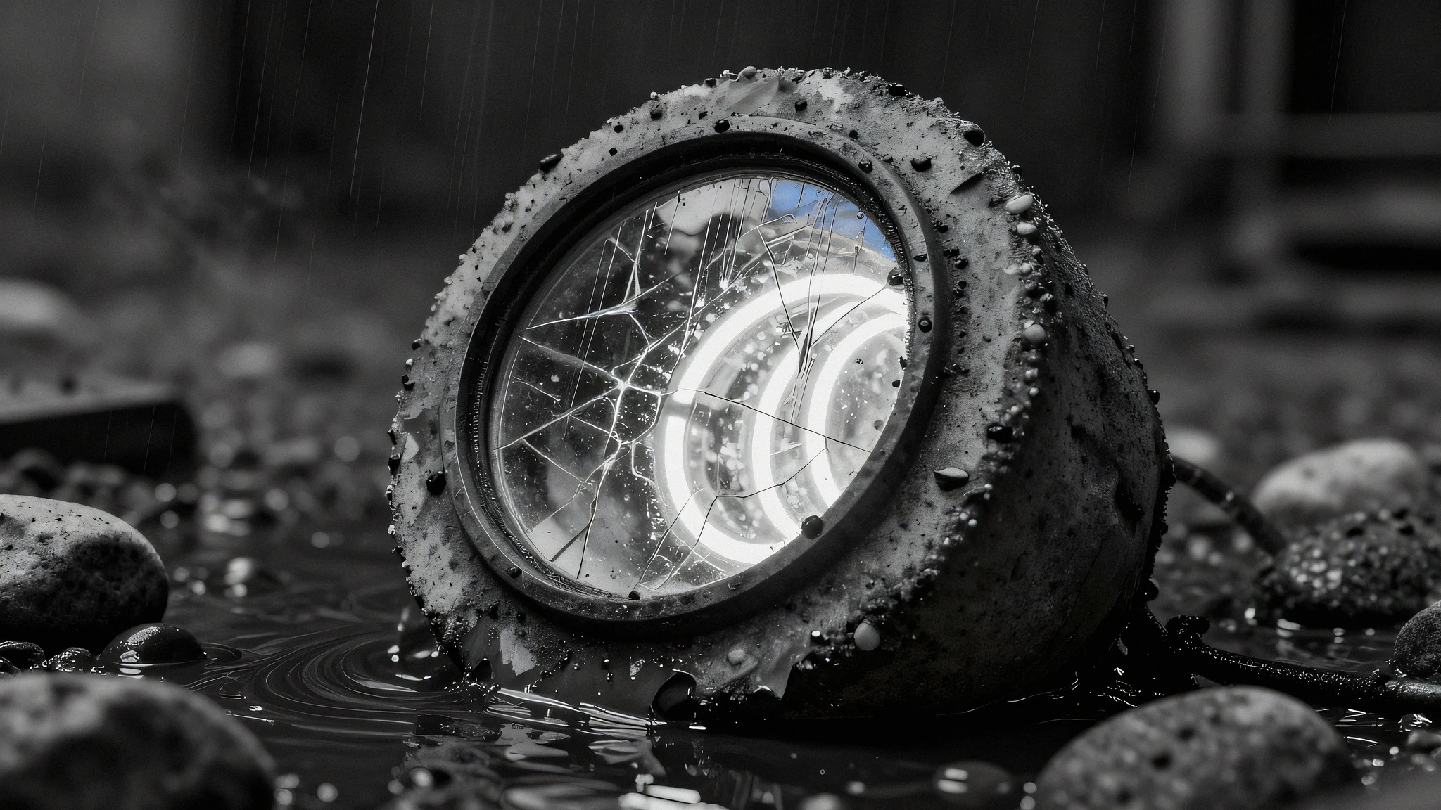 Oil-slicked concrete pebble, fluorescent 4K — 4K neon background