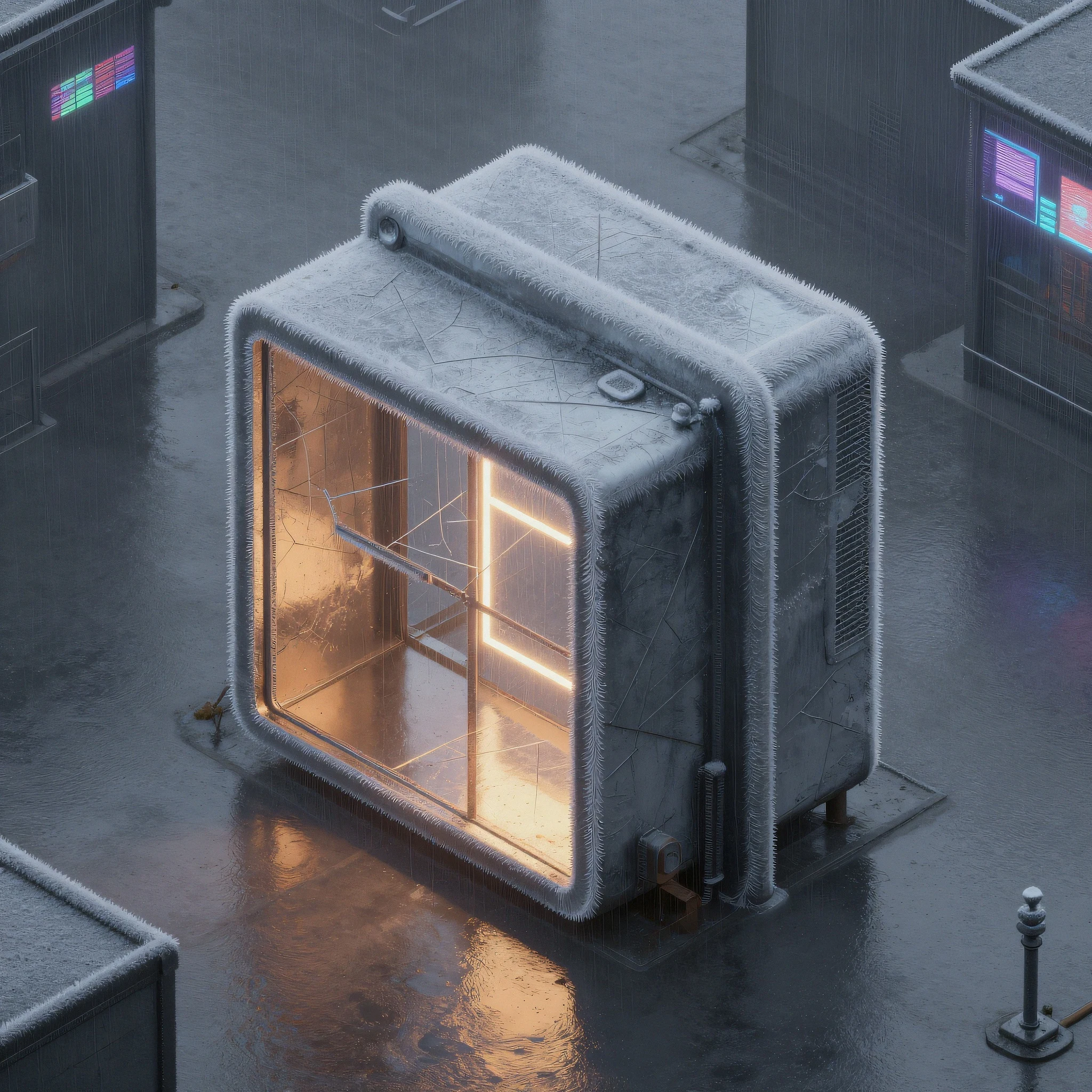 Frost-covered chrome architecture, 3200K 4K — 4K neon background