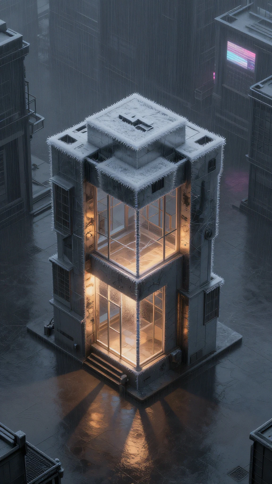 Frost-covered chrome architecture, 3200K 4K — 4K neon background