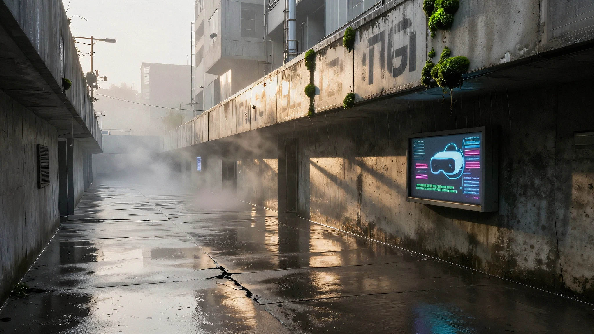 Rain-slicked ferroconcrete canyons, golden hour 4K — 4K neon background
