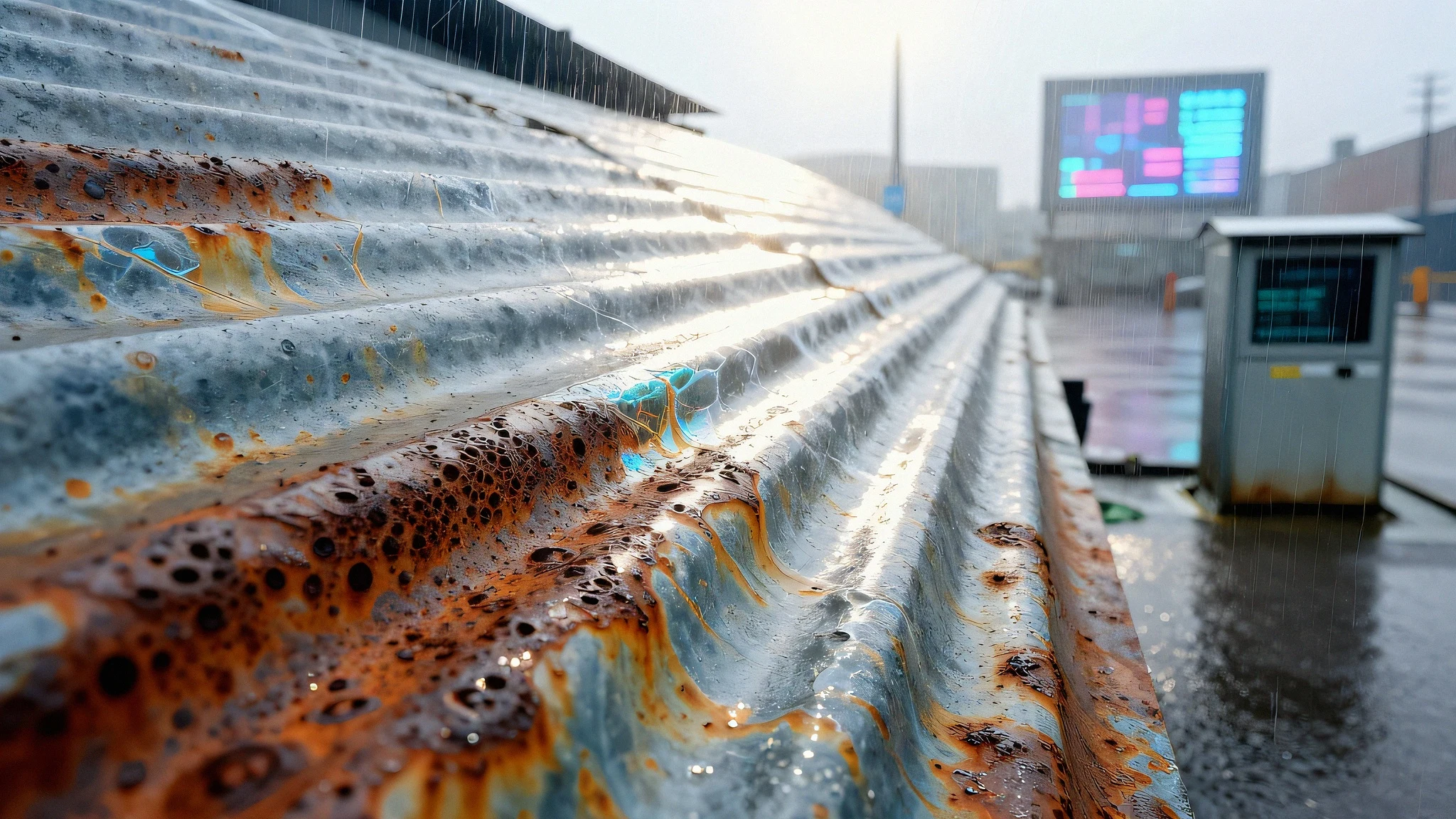 Rusted corrugated iron sheet, tungsten 4K — 4K neon background
