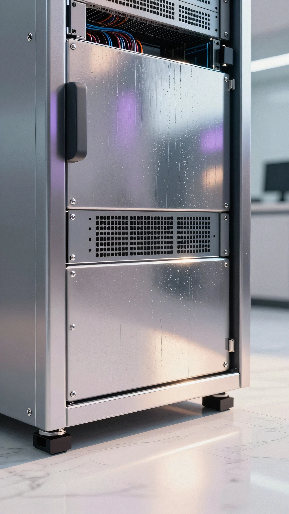 Polished chrome server rack 4K — 4K neon background