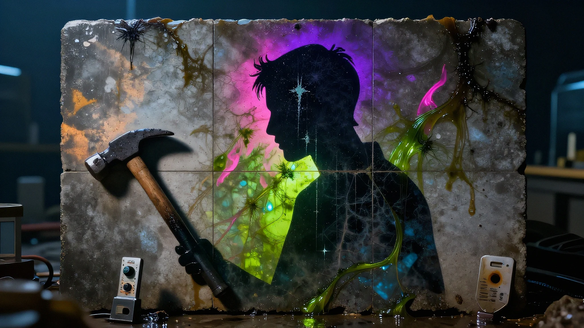 Rain-slicked ferroconcrete tile panel 4K — 4K neon background