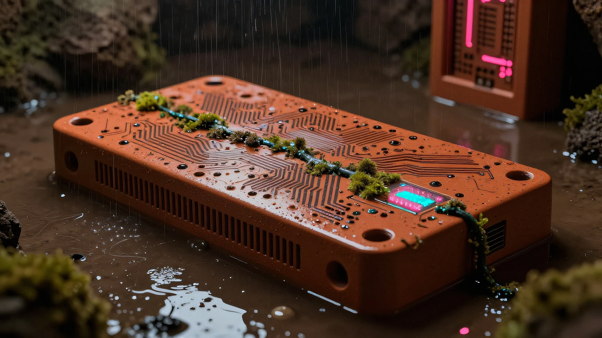 Dust-coated ceramic server rack 4K — 4K neon background