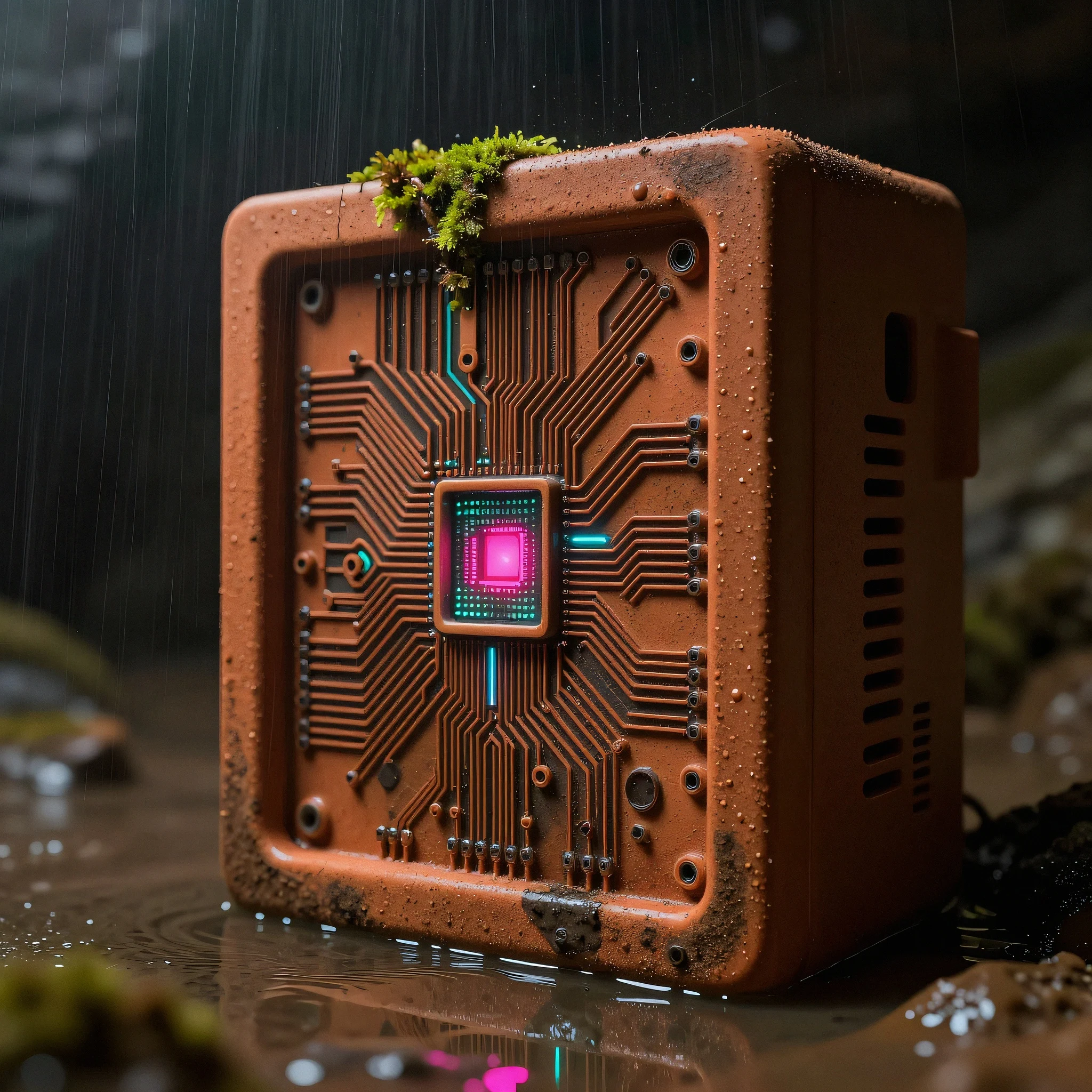 Dust-coated ceramic server rack 4K — 4K neon background