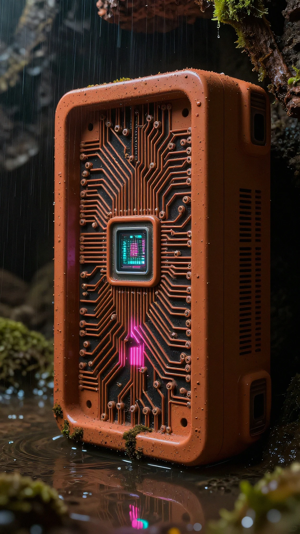 Dust-coated ceramic server rack 4K — 4K neon background