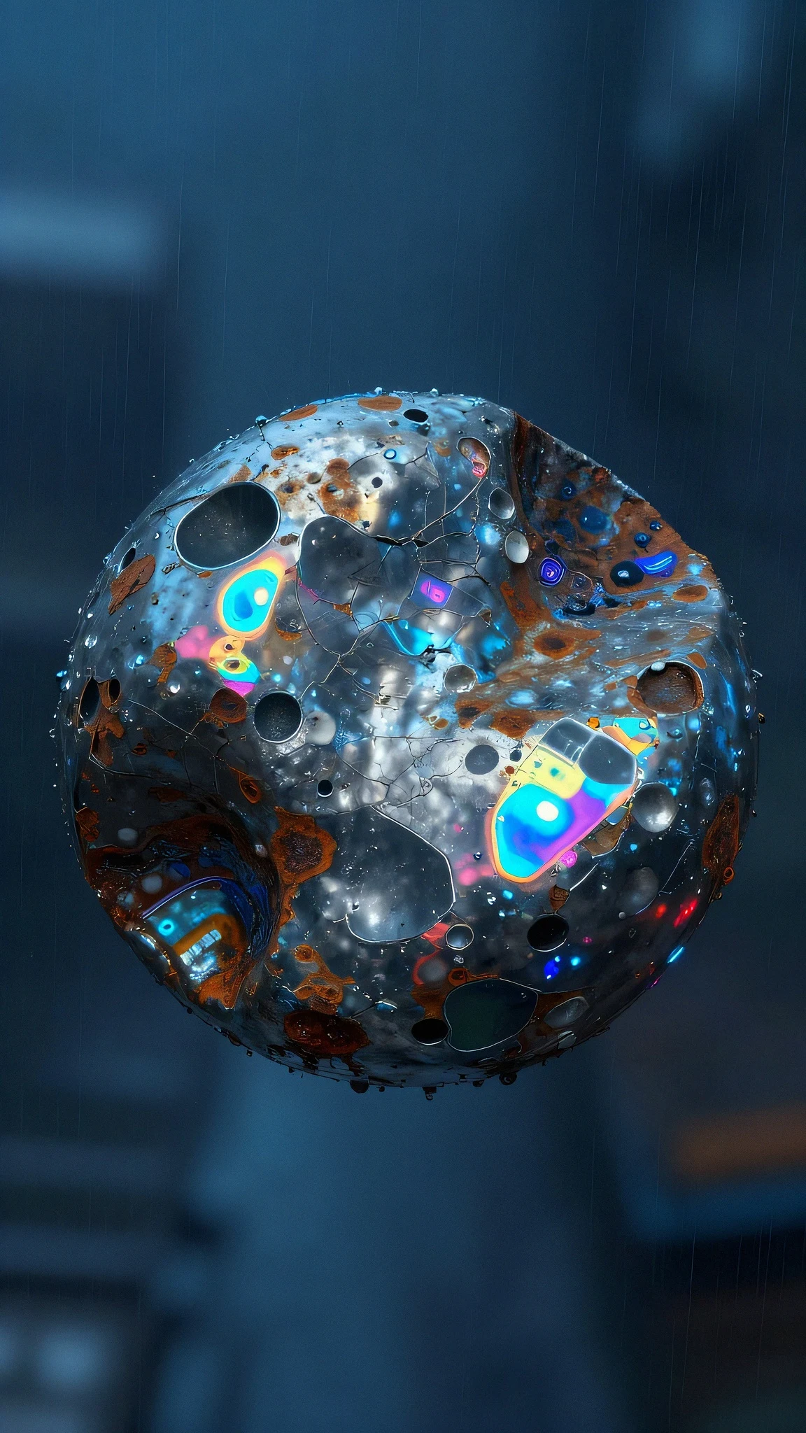 Corroded titanium alloy pebble, neon rain 4K — 4K neon background