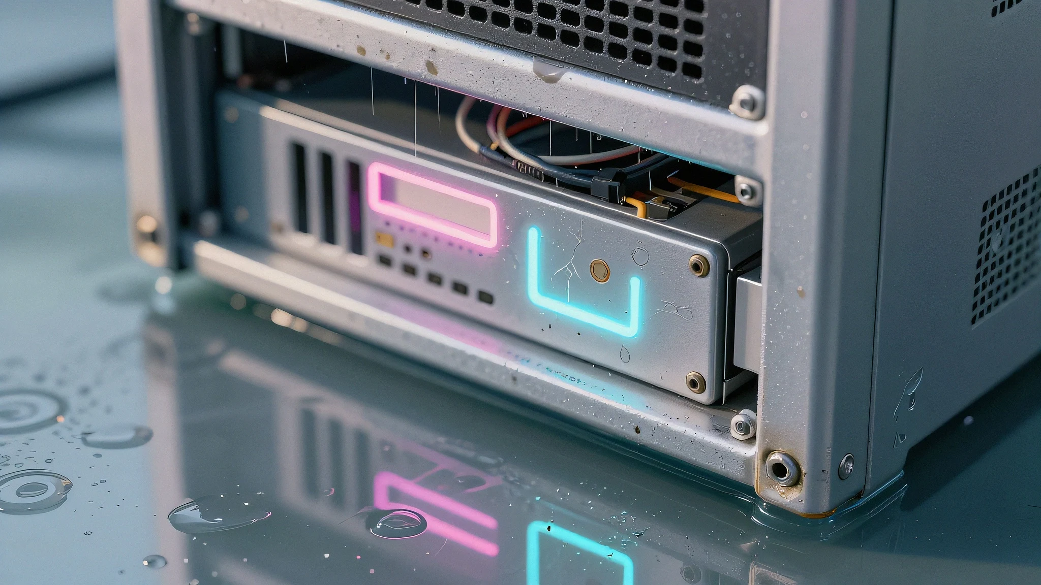Decaying chrome server rack 4K — 4K neon background