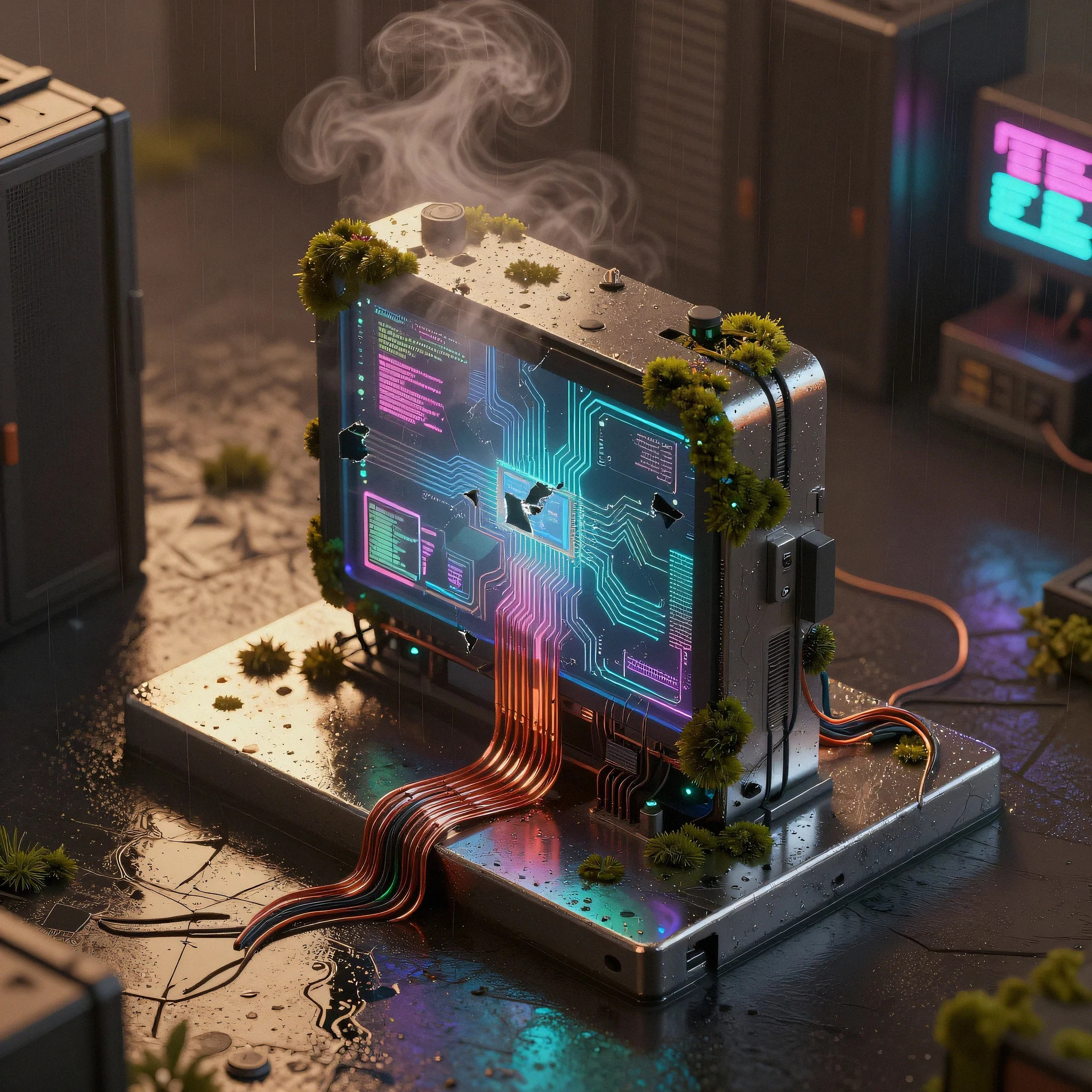 Rain-slicked chrome plinth, 3200K 4K — 4K neon background
