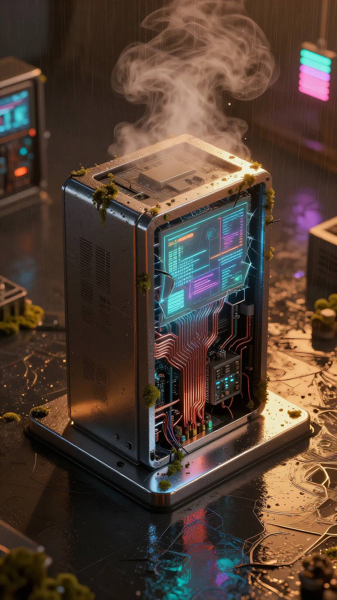 Rain-slicked chrome plinth, 3200K 4K — 4K neon background