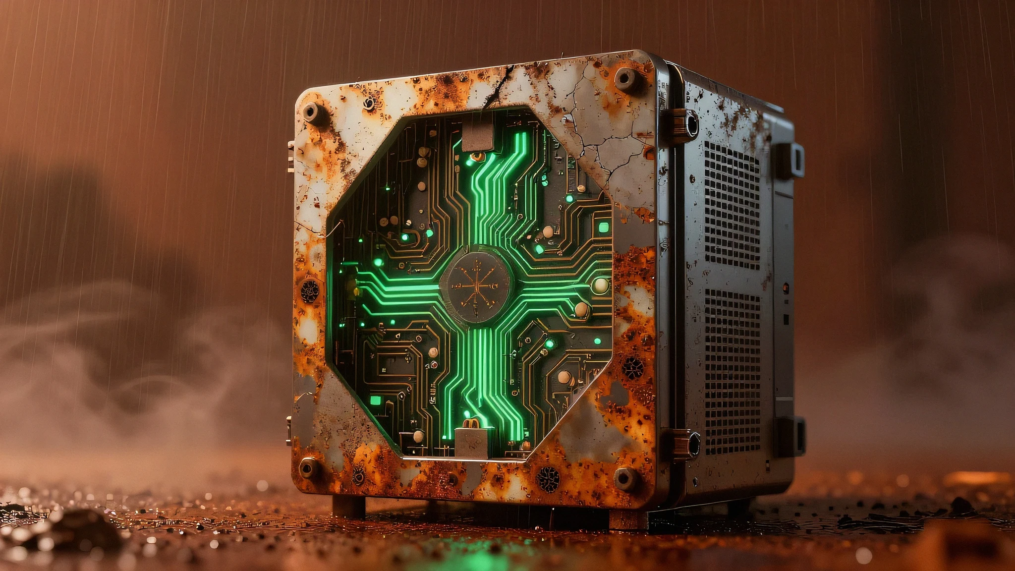 Rusted titanium data server core 4K — 4K neon background