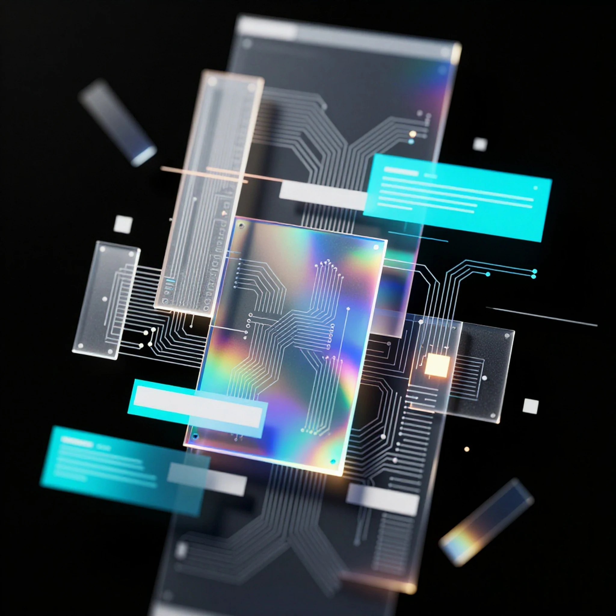 Metallic circuit board, fractured cyan hologram 4K — 4K abstract background