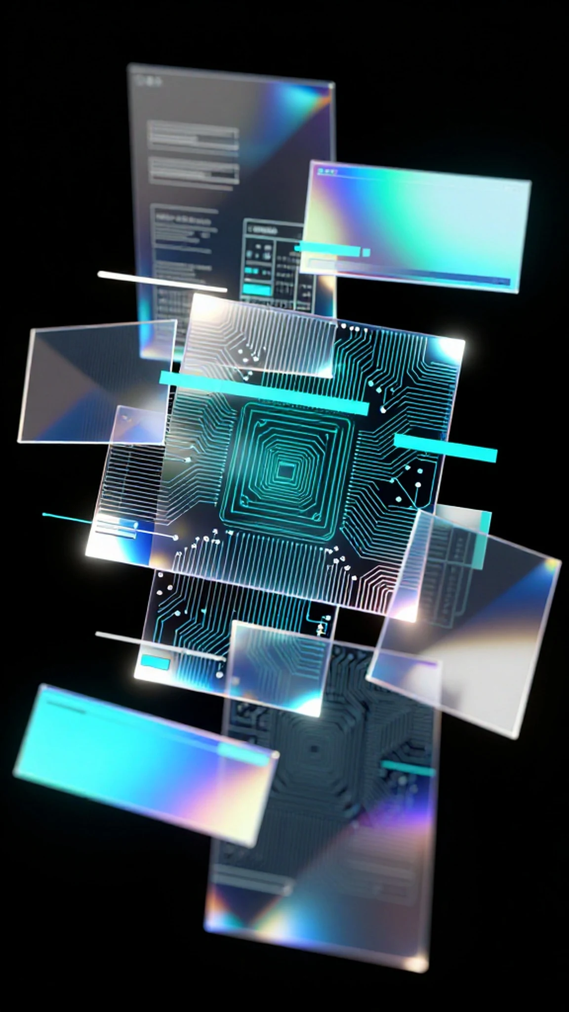 Metallic circuit board, fractured cyan hologram 4K — 4K abstract background