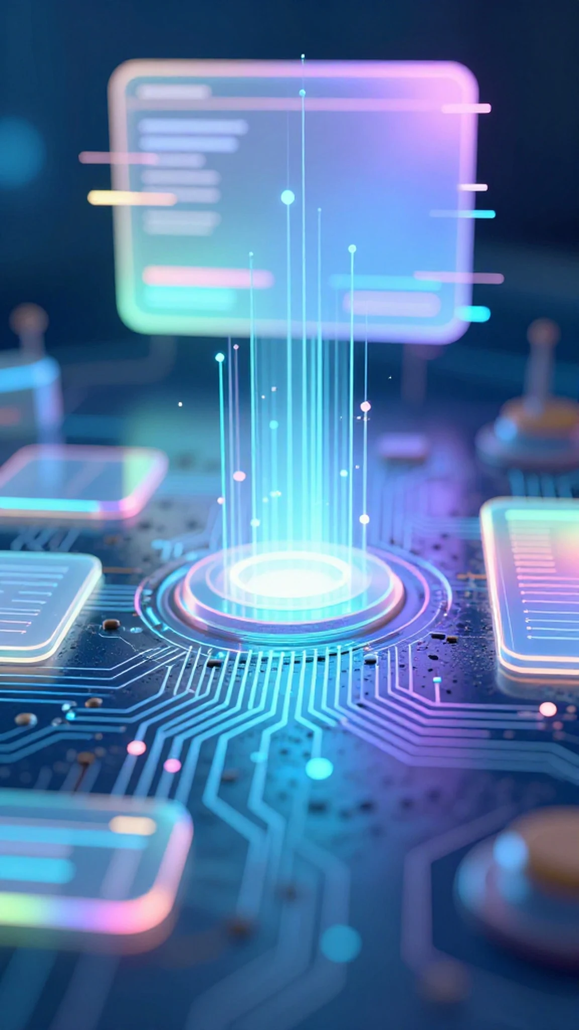 Worn circuit board, fragmented holographic glow 4K — 4K abstract background