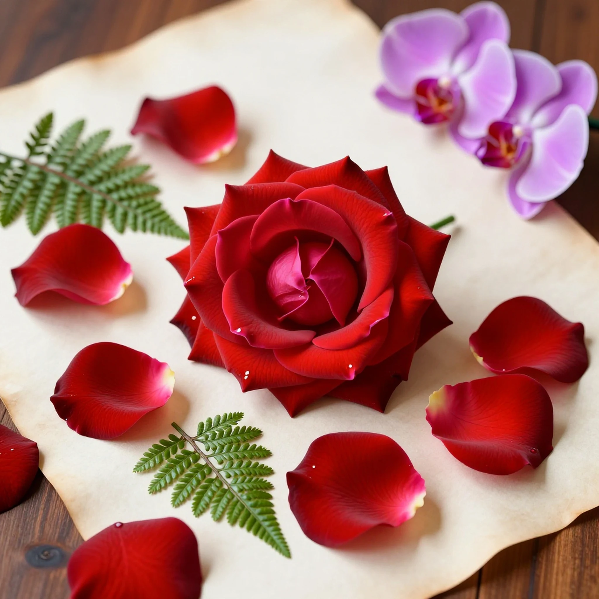 Crimson Rose, Ferns & Orchids 4K — 4K abstract background