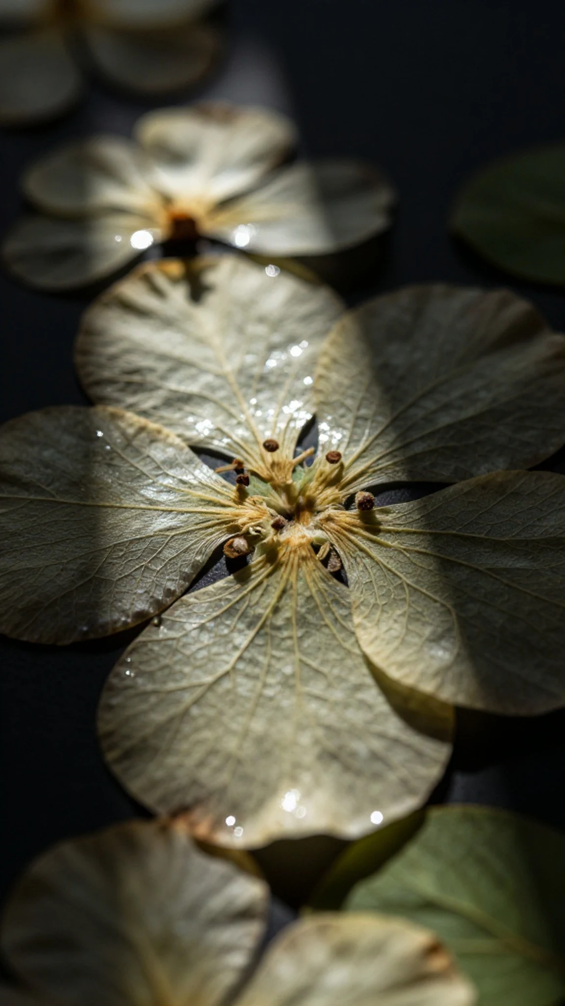 Pressed flower specimen, velvet petals 8K — 4K abstract background