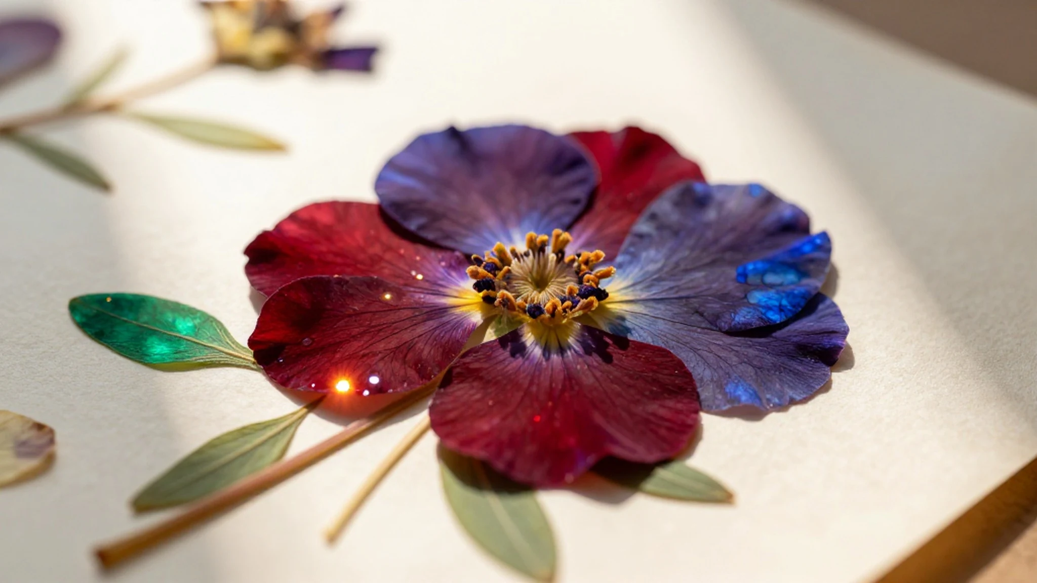 Pressed flower specimen, ruby sapphire emerald 4K — 4K abstract background