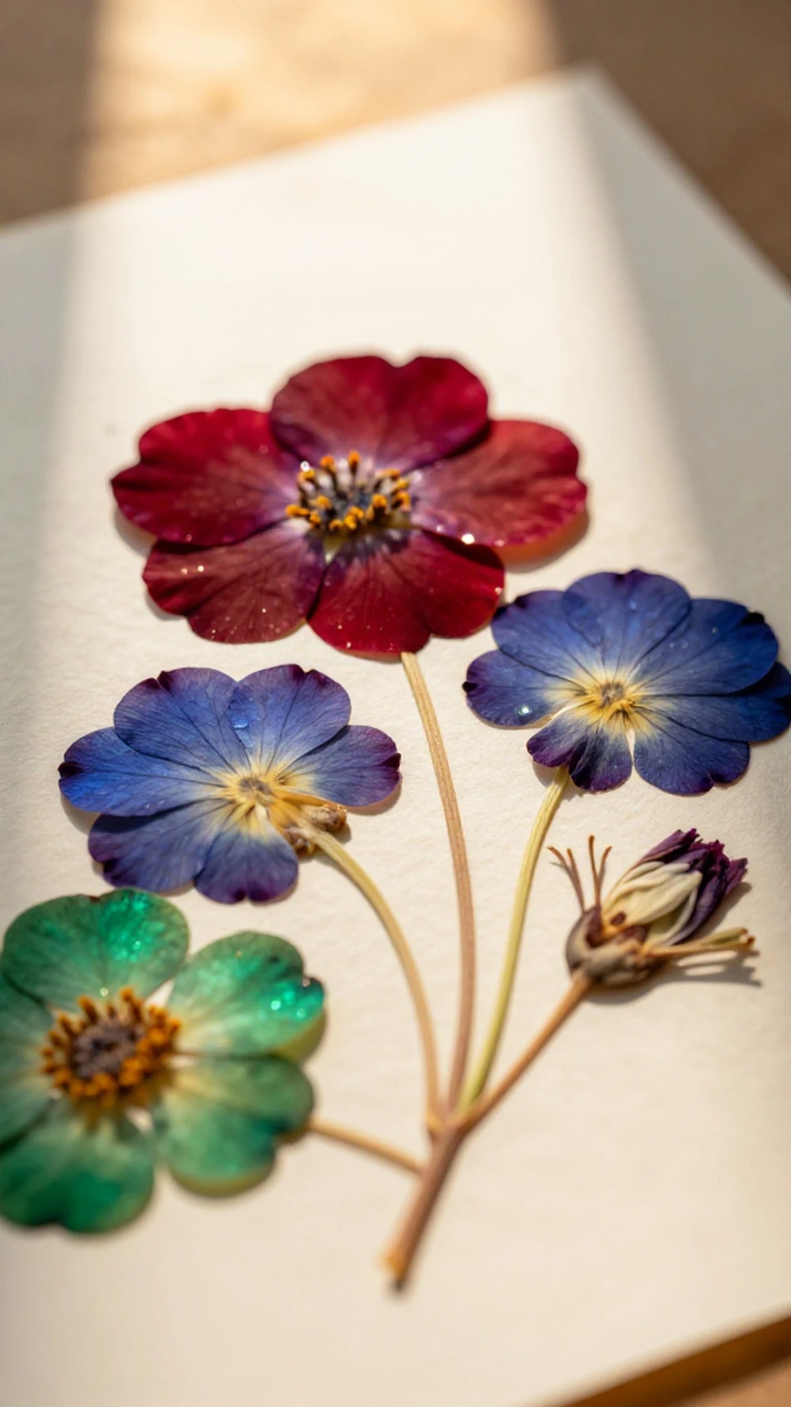 Pressed Flower Specimen, Ruby Sapphire Emerald 4K — 4K abstract background