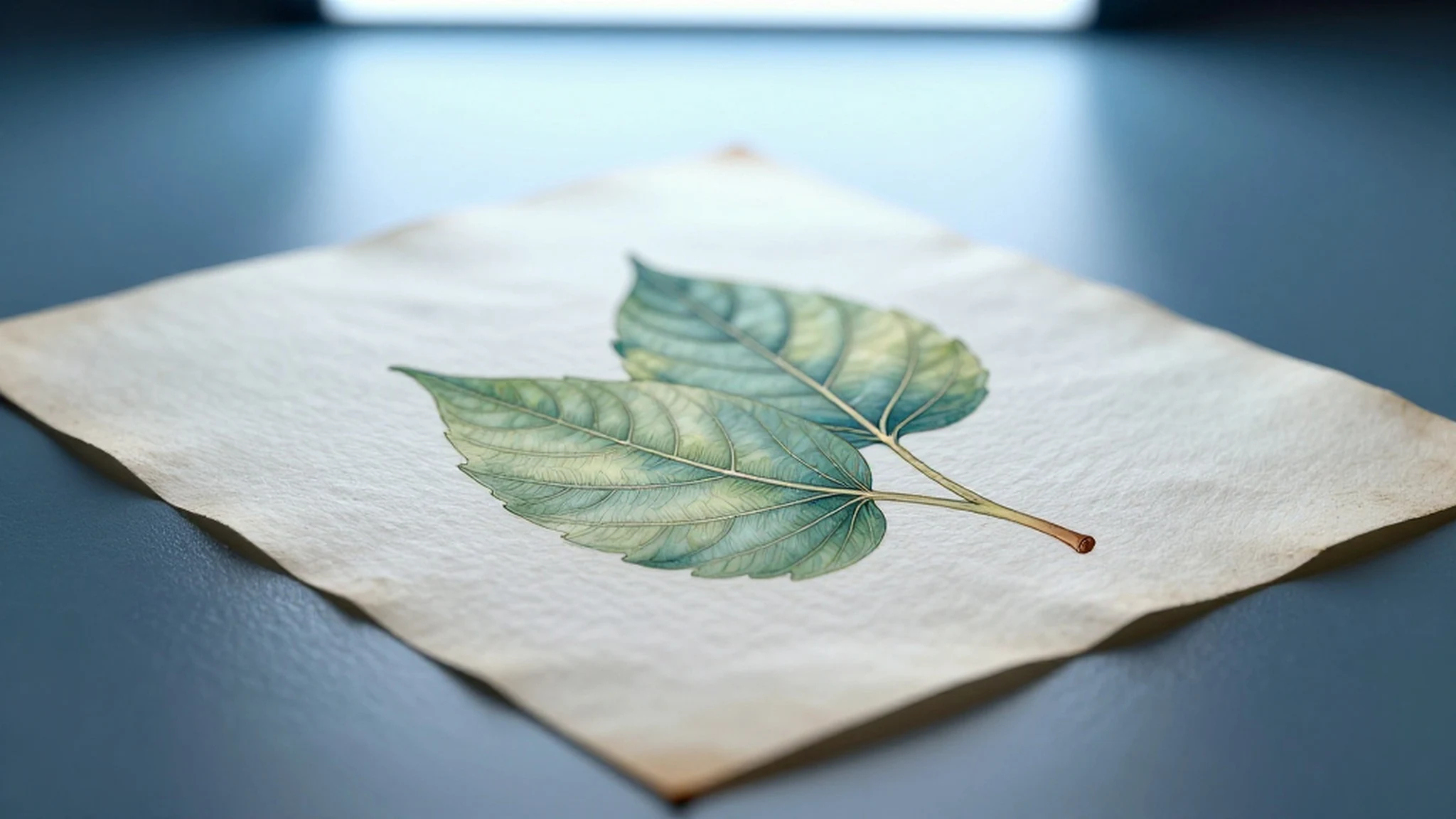 Worn parchment surface, delicate watercolor leaf 4K — 4K abstract background