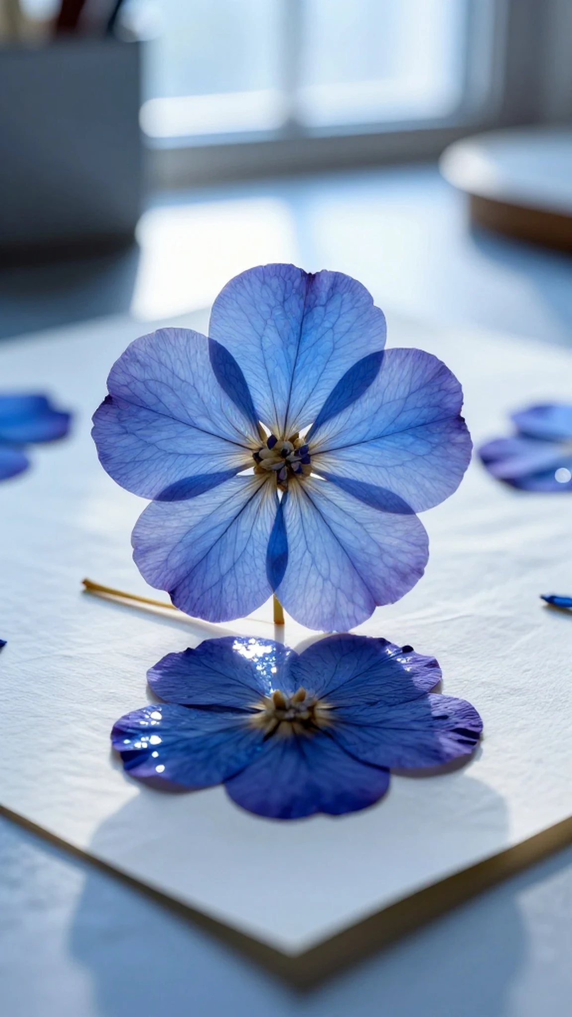 Pressed flower specimen, blue-violet hues 8k — 4K abstract background
