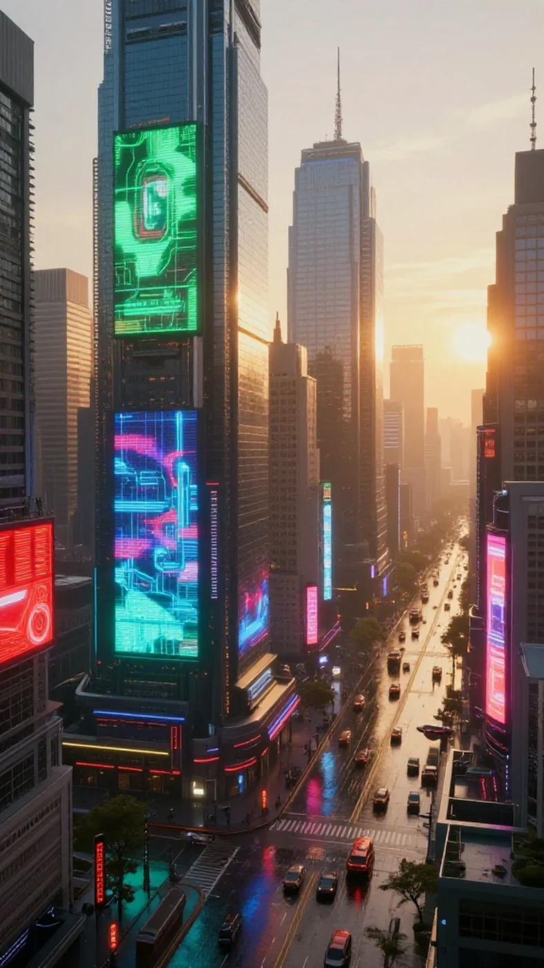 Metallic Roofs Reflect Neon 4K, Cyberpunk Neon Cityscape 4K 4K