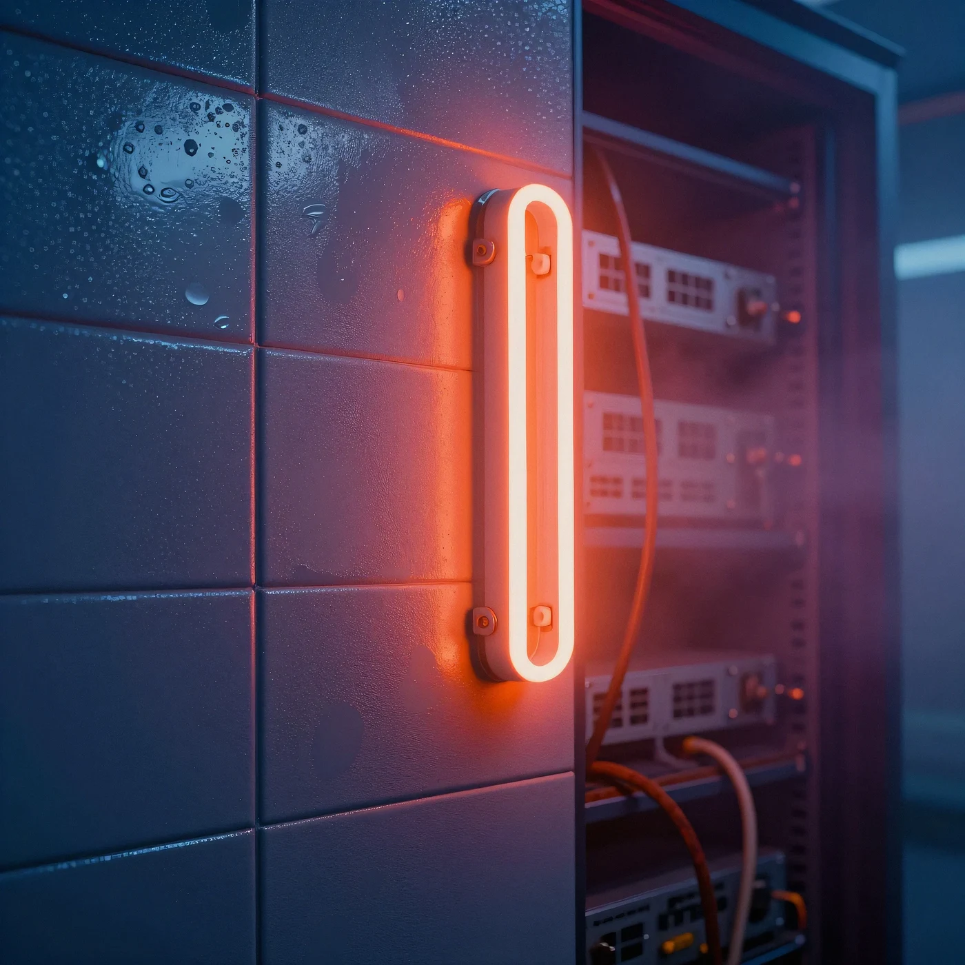 Rain-slicked chromesteel tile panel 4K — 4K neon background