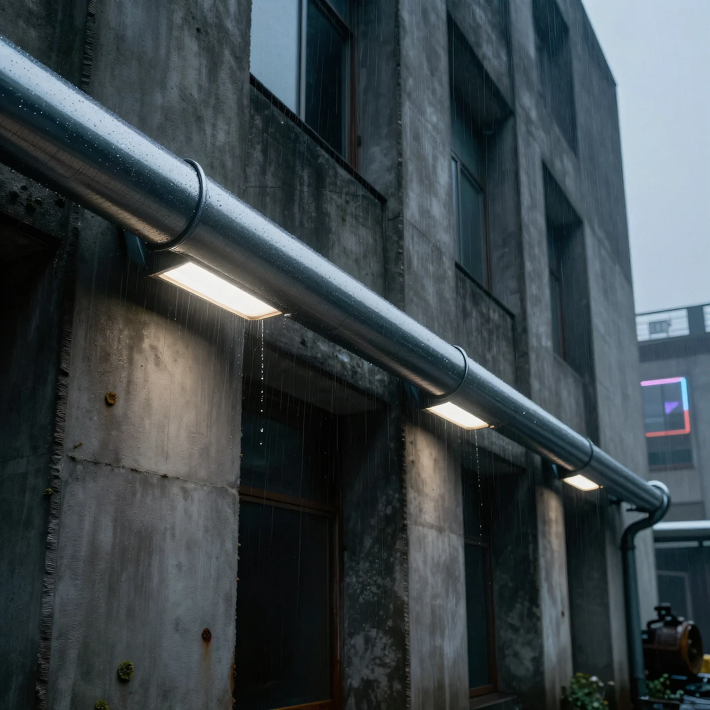 Polished chrome rain gutters, neon glow 4K — 4K neon background