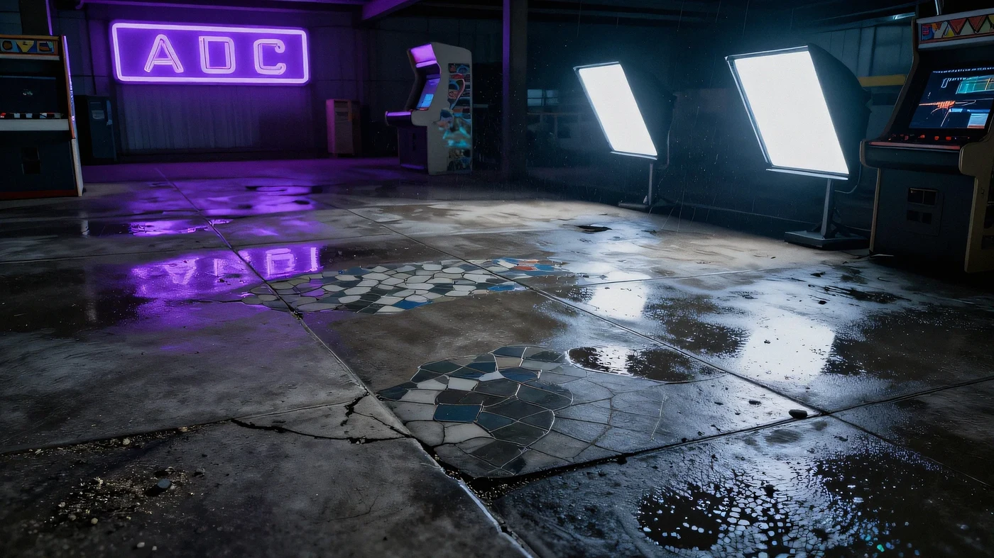 Rain-slicked ferroconcrete plaza, film noir 4K — 4K neon background