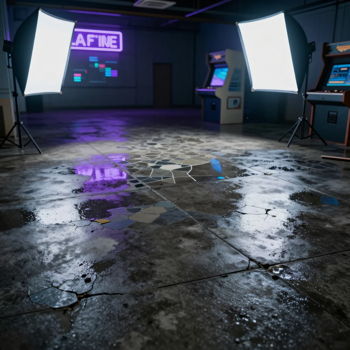 Rain-slicked ferroconcrete plaza, film noir 4K — 4K neon background
