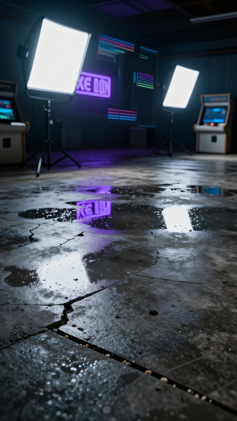 Rain-slicked ferroconcrete plaza, film noir 4K — 4K neon background