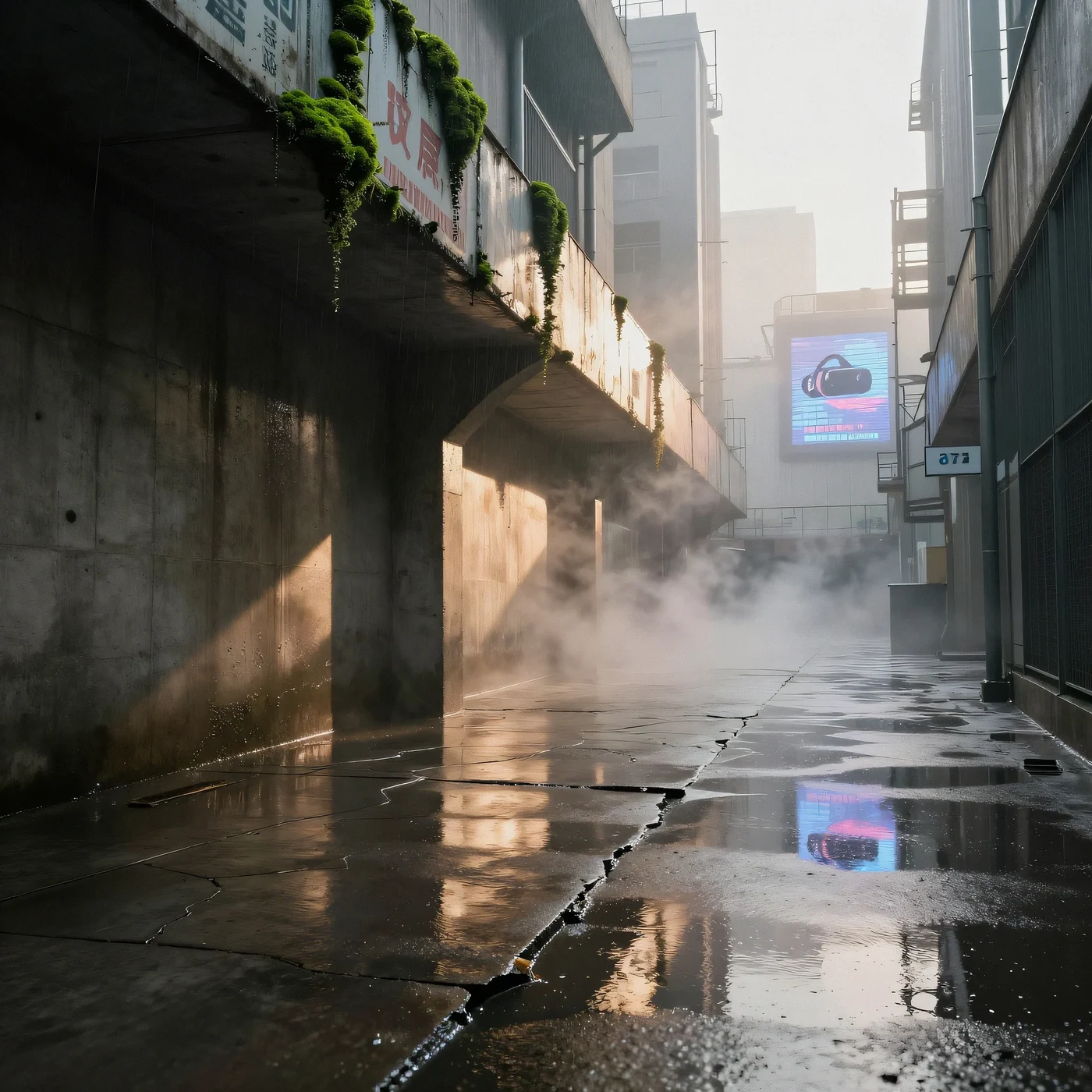 Rain-slicked ferroconcrete canyons, golden hour 4K — 4K neon background
