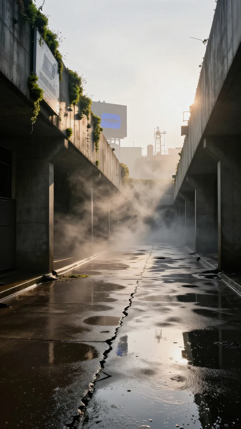 Rain-slicked ferroconcrete canyons, golden hour 4K — 4K neon background