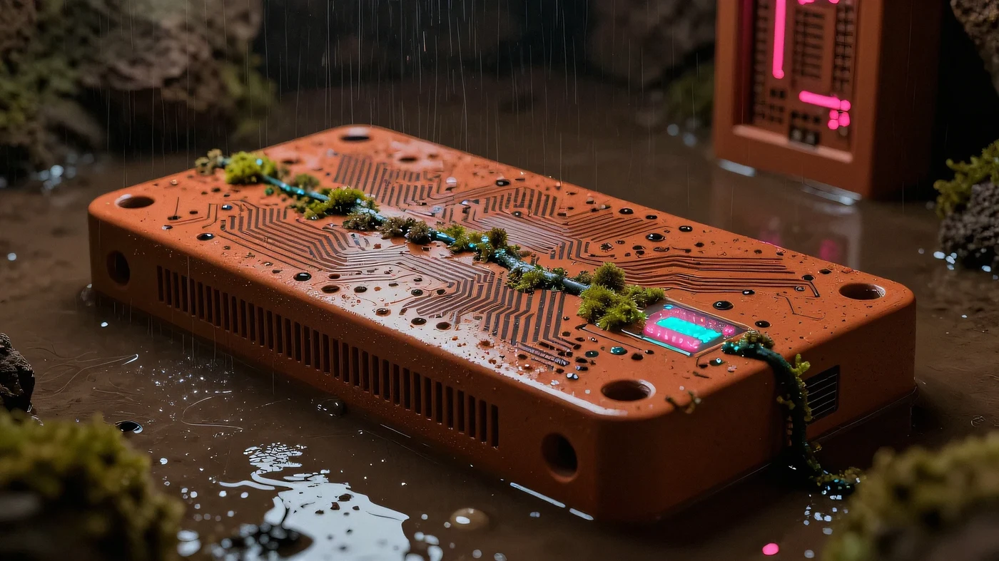 Dust-coated ceramic server rack 4K — 4K neon background