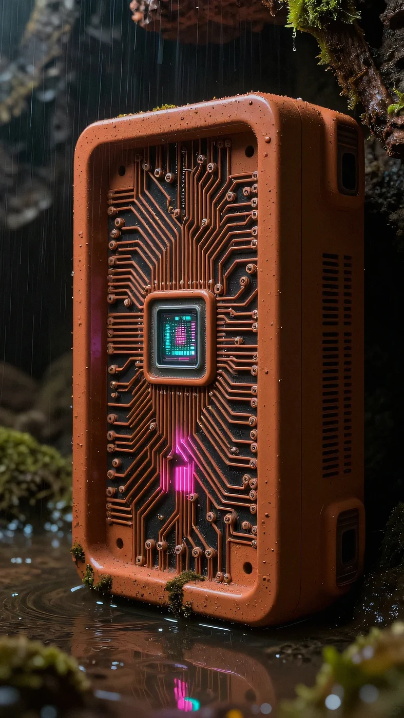 Dust-coated ceramic server rack 4K — 4K neon background