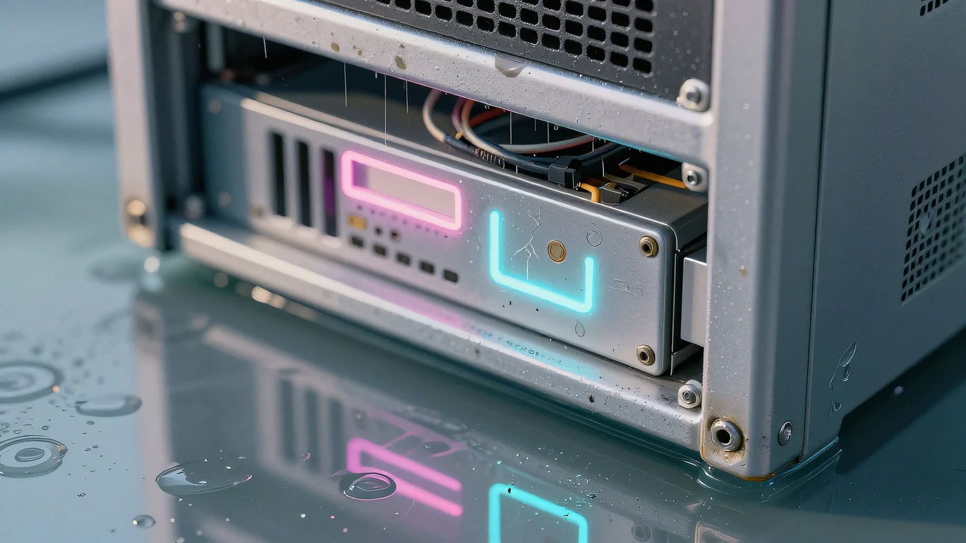 Decaying chrome server rack 4K — 4K neon background