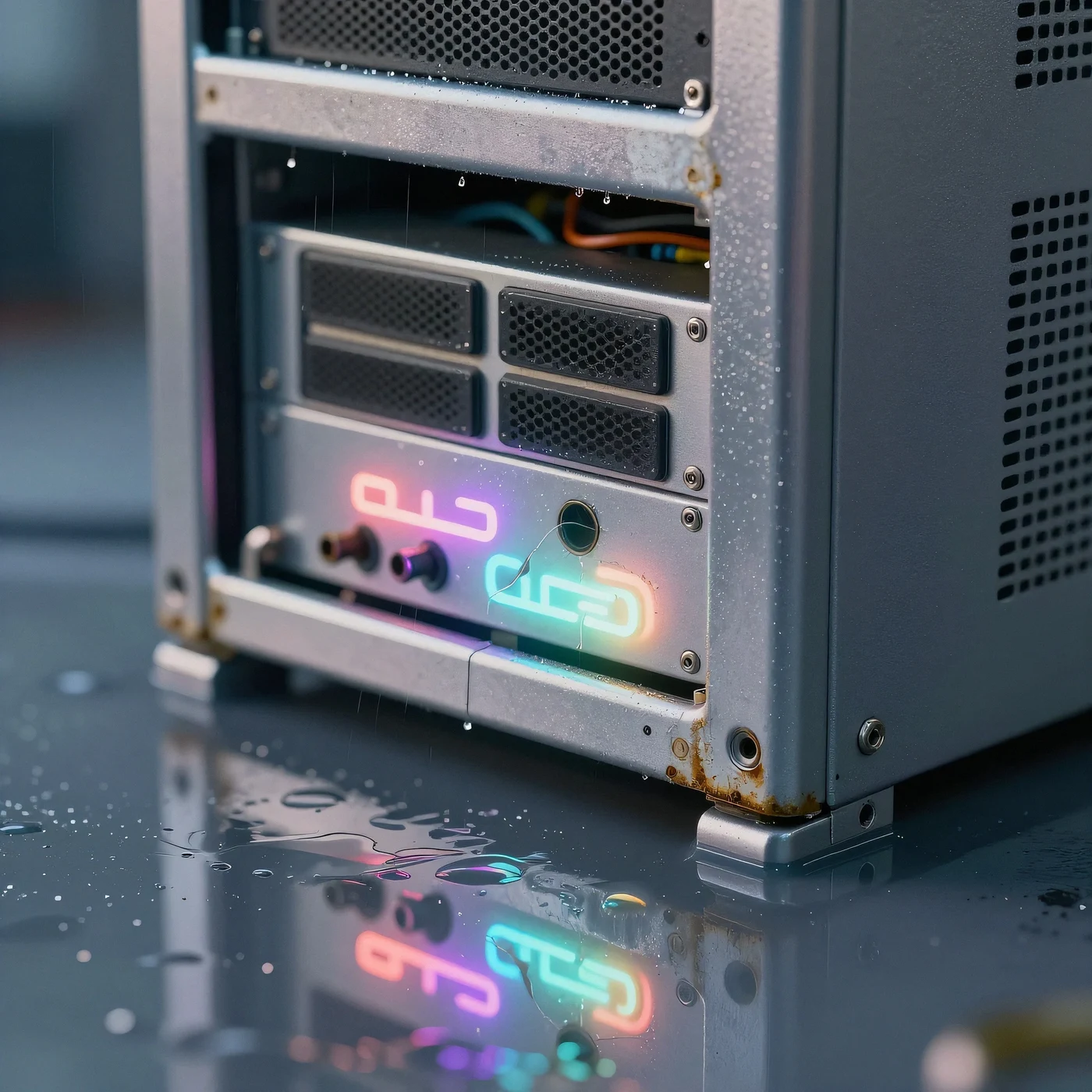 Decaying chrome server rack 4K — 4K neon background