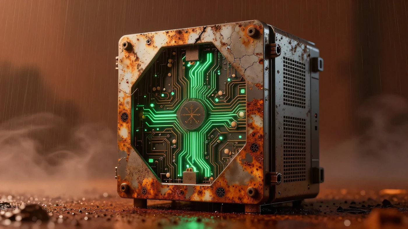 Rusted titanium data server core 4K — 4K neon background