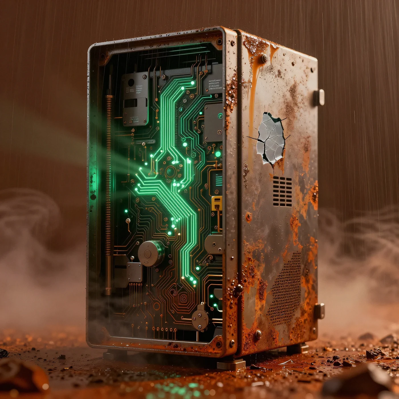 Rusted titanium data server core 4K — 4K neon background