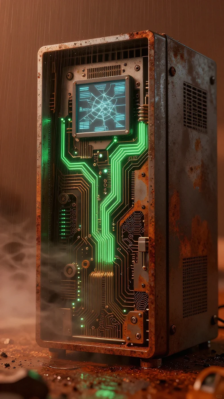 Rusted titanium data server core 4K — 4K neon background