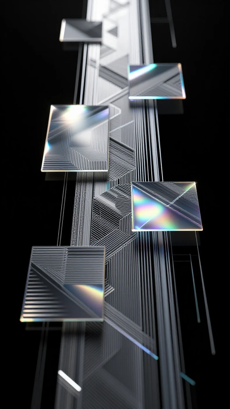 Industrial data stream, shimmering iridescent glitch 4K — 4K abstract background