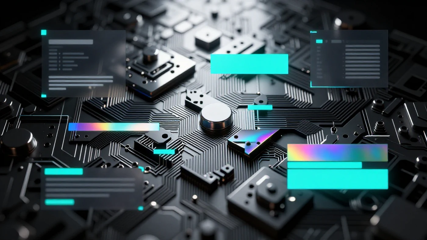 Metallic circuit board, fractured cyan hologram 4K — 4K abstract background