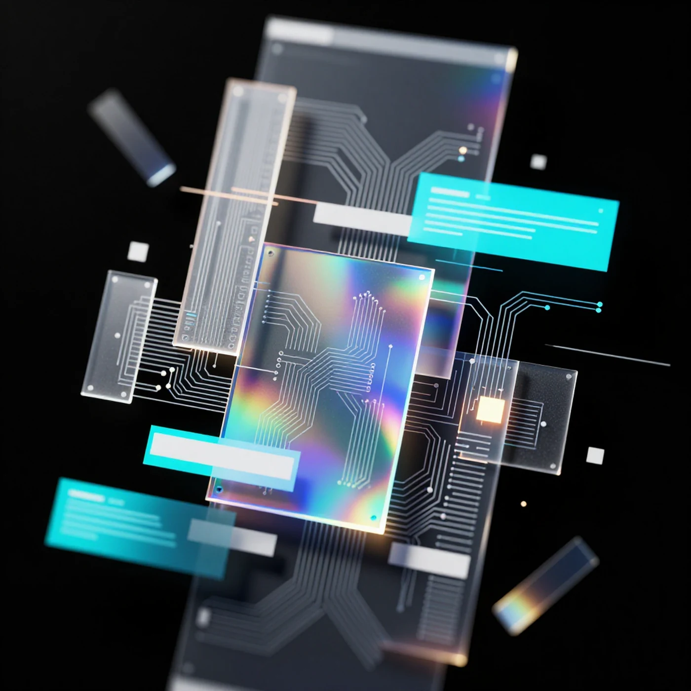 Metallic circuit board, fractured cyan hologram 4K — 4K abstract background