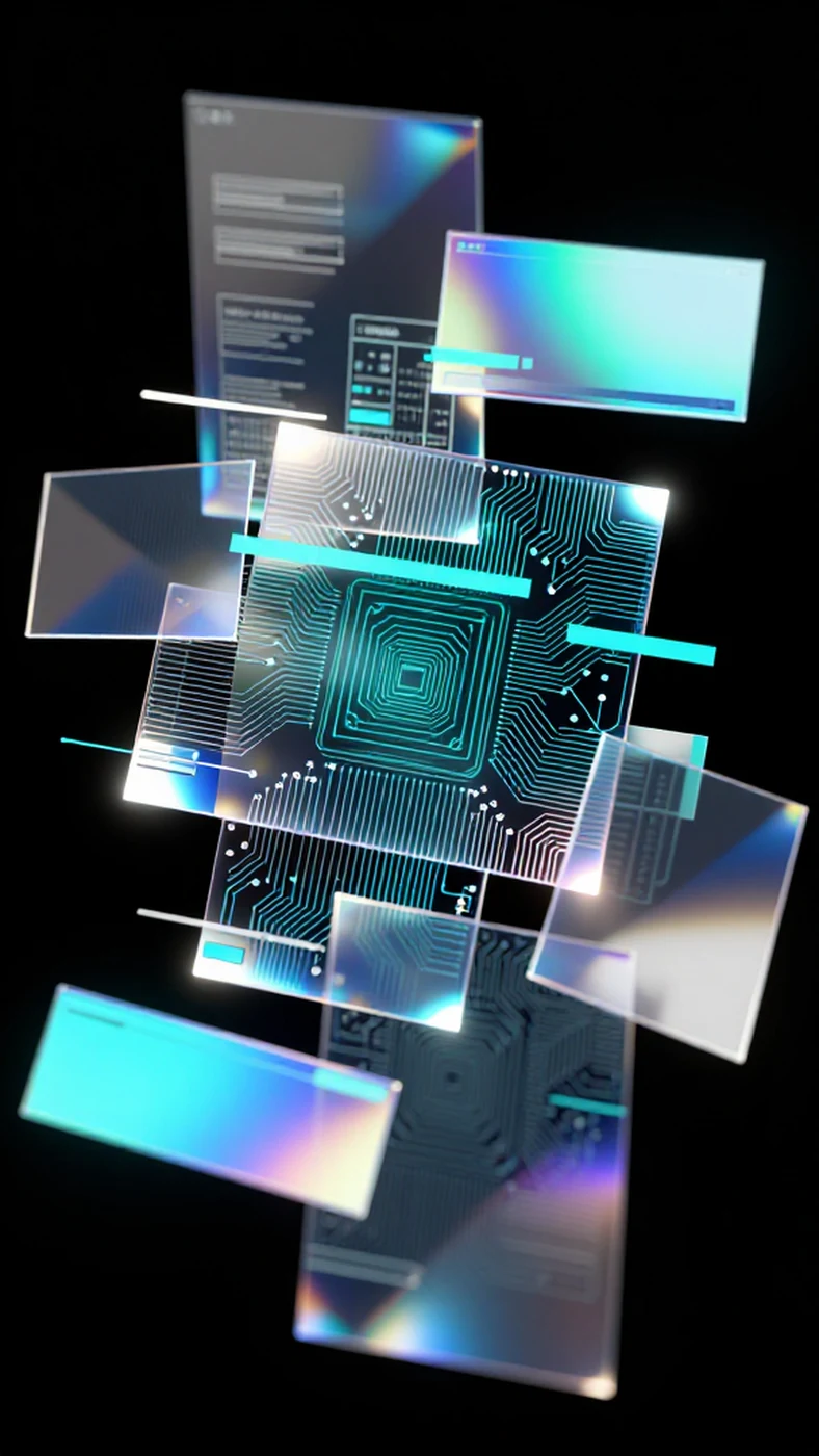 Metallic circuit board, fractured cyan hologram 4K — 4K abstract background